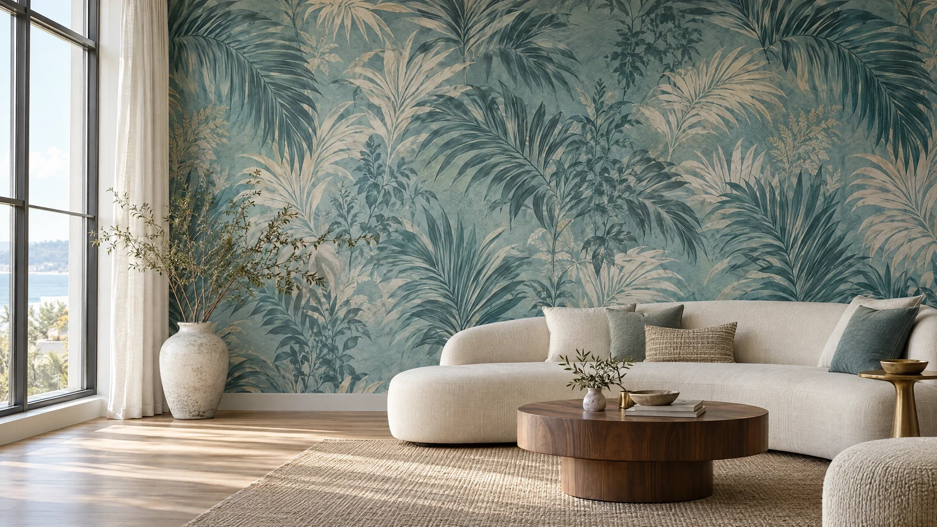 Muted botanical wallpaper behind an ivory sofa in a bright, serene sitting room.