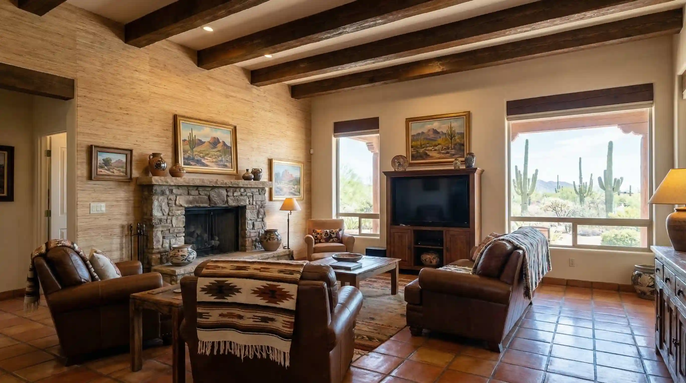 Rustic living room with tan textured walls, wood ceiling beams, a stone fireplace and leather seating.